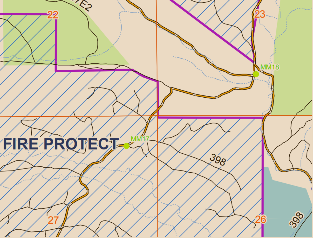 GIS Map detail of sections 22, 23, 26, and 27 of Fire Protection district indicted with stripes