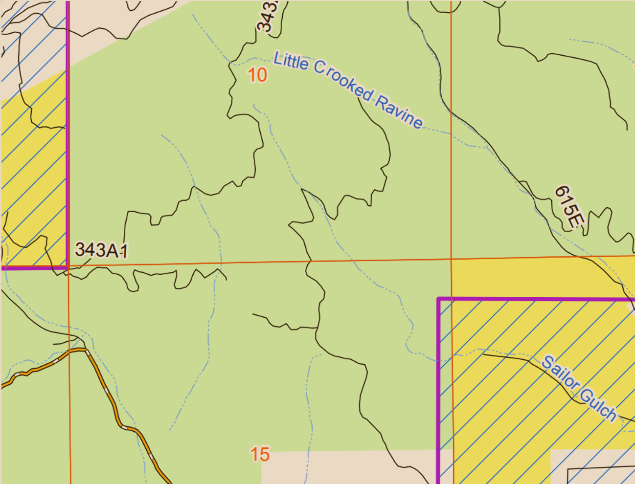 GIS Map detail of Sections 10 and 15 with Little Crooked Ravine and Sailor Gulch