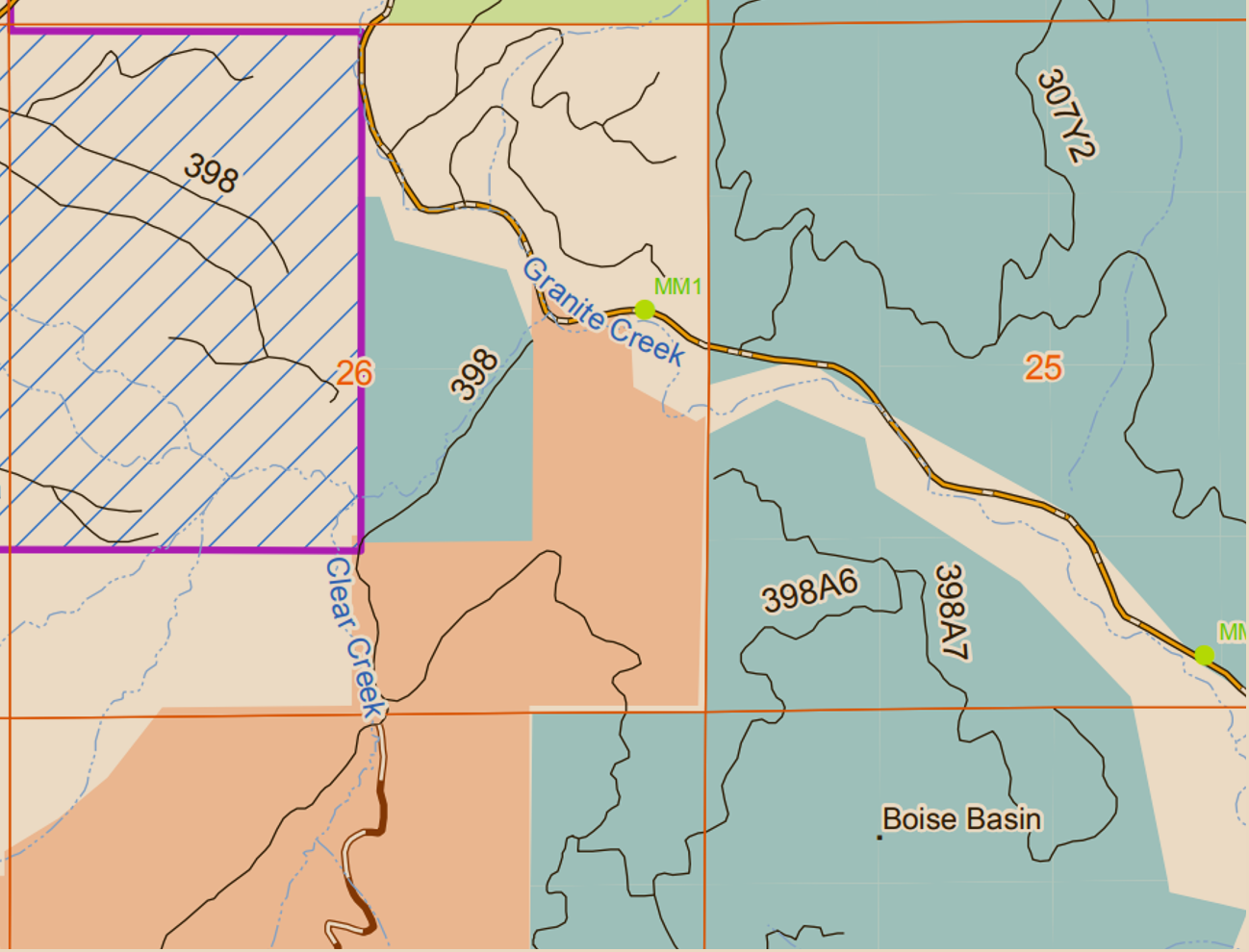 GIS Map detail of sections 26 and 25 with Clear Creek and Granite Creek
